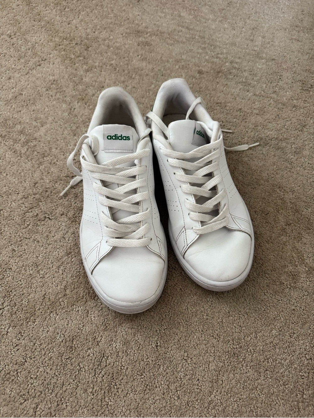 adidas White Low-Top Leather Sneakers with Green Logo